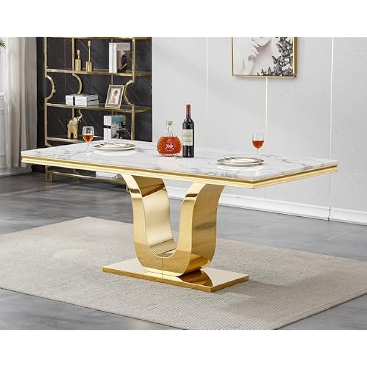Large 70 Marble Dining Table, Luxurious White Dining Room Table with Printed Faux Marble Tabletop and Gold Stainless Steel Pedestal, Modern Rectangular Kitchen Table Table for 6 8