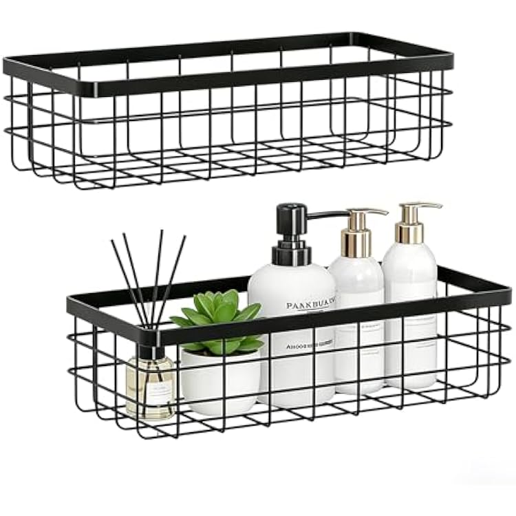 Hanging Wire Storage Baskets, Metal Wall Organizer, Adhesive Wall Storage Shelves for Kitchen, Bathroom Pantry Spice Rack, Cabinet Organizer, Shower Caddy Black-2 Packs