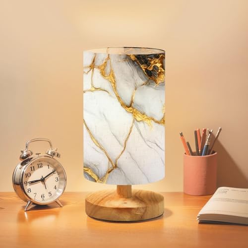 Bedside Table Lamp Luxurious white Carrara statuaries marble texture glossy marble golden Dimmable Desk Lamp with Flaxen Fabric Shade Wood Base Nightstand Small Lamp for Bedroom Living Room Home