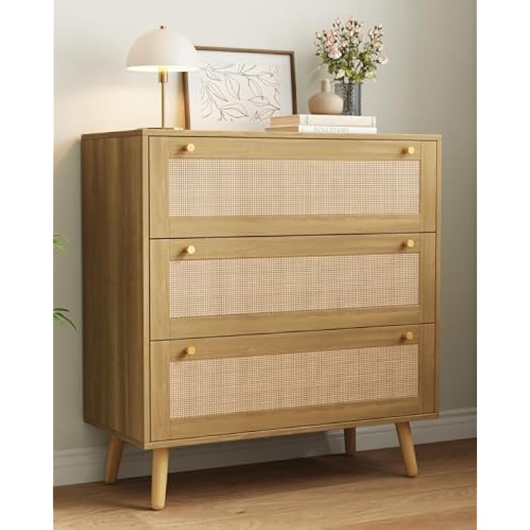 Rattan 3 Drawers Dresser, Modern Wooden Dresser with Gold Handles, Wood Storage Chest of Drawers for Closet, Living Room, Hallway, Natural