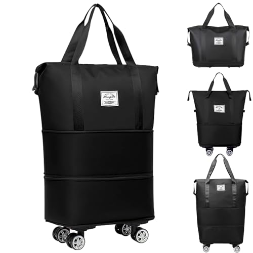 Rolling Duffle Bag with Detachable Wheels Expandable Foldable Duffle Bag for Travel Luggage bag Carry on Weekend Travel Bag Black