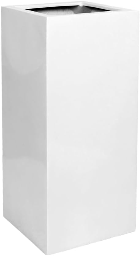 Glossy White Bouvy Square Flower Pot - Idealist Tall Fiberstone Flower Pot 23"H x 12"L X 12"W Planter - By Pottery Pots