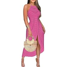 CHICME Womens Summer Halter Dress Hollow Out A Line Vacation Dresses with Eyelet Embroidery & Side Slit