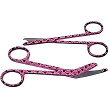 Nurse Bandage Scissors 5.5" + Suture Stitch Scissors 4.5" Set of 2 Stainless Steel Shears to Use for Self Adhesive Wrap & Suture Removal, First Aid, EMS Training, Pet Paws Print (Pink Paws)