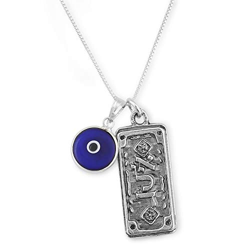 Sterling Silver Protection Charm Necklace and Pendant with Evil Eye Glass Charm and Protection Amulet - 19.5 Box Chain Length - Jewelry for Men & Women