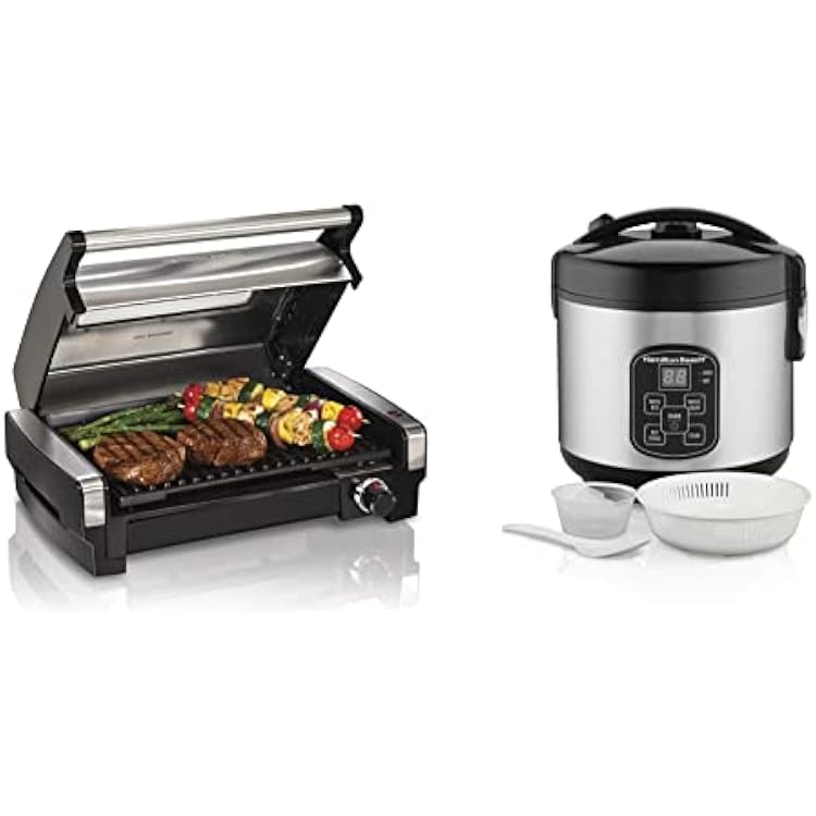 Hamilton Beach Electric Indoor Searing Grill, 6-Serving, Extra-Large Drip Tray, Stainless Steel 25361 & Digital Programmable Rice Cooker & Food Steamer, 8 Cups Cooked 4 Uncooked, Stainless Steel