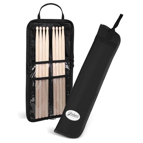 Flexzion Drum Stick Bag Percussion Music Drum Accessories Case with Hook, Card Holder, Adjustable Shoulder Strap Carrying Handle 4 Pairs Drum Sticks Holder Water-Resistant Bag Fabric, Black