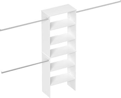 ROOMTEC Closet System, 25.5 Wide Wall-Mounted Closet Organizer Kit with Wood Storage Tower and 3 Hanging Rods, Wardrobe Closet System for Walk-In Closets, White