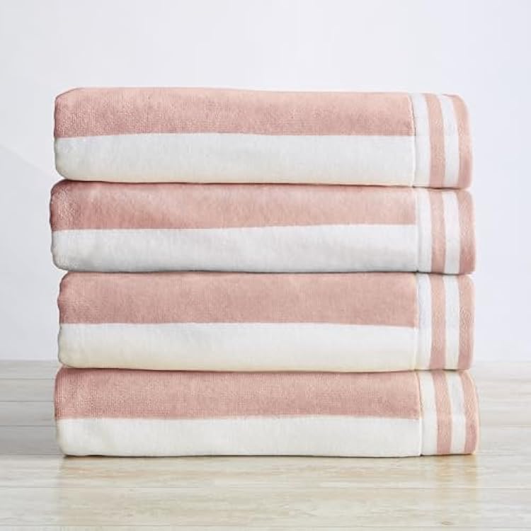 Great Bay Home 100% Cotton Velour 4 Pack Beach Towels 30 x 60 - Cabana Stripe Pool Towels - Quick Dry, Large Swim Towel Dusty RoseWhite