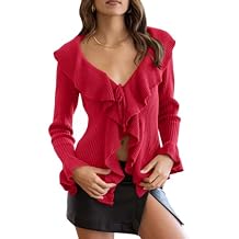 Goranbon Womens V Neck Sexy Sweaters Ruffle Long Sleeve Wrap Loose Sweater Fashion Drawstring Jumper