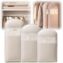 Space Saving Hanging Garment Bag with Self Compression Zipper,Space Saver Closet Organizers,Dust Cover Clothes Bags for Down Coat (Beige, 3Pcs (S+M+L))