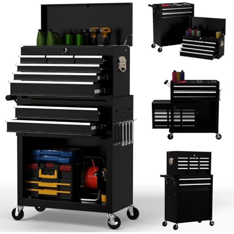 On Shine 8 Drawer Rolling Tool Chest, Large Capacity Rolling Tool Box with Wheels, Locking Mechanical Tool Chest, Portable Tool Box with Sliding Drawers for Garage Workshop and Tool Room Black
