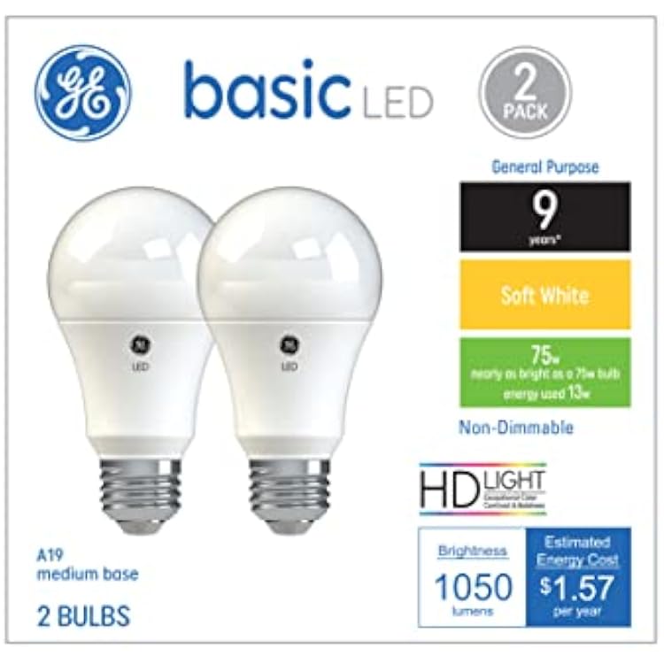 GE Basic LED Light Bulbs, 75 Watt, Soft White, A19 2 Pack