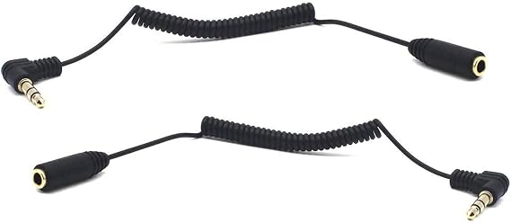 30cm 3.5mm TRS Extension Audio Coiled Cable, 90 Degree Angle Male to Straight Female 1/8" 3.5mm 3 Pole Jack Stereo Headphone Aux Spring Spiral Cord, 2 Pack, OD 1.5mm