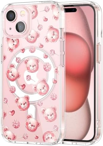 MAYCARI for iPhone 15 Case Compatible with Magnet, Original Cute Pink Bear Doll Lollipops Clear Magnetic Phone Cover for Girls Women Soft TPU Hard Back Shockproof Protective Phone Case for 15 6.1