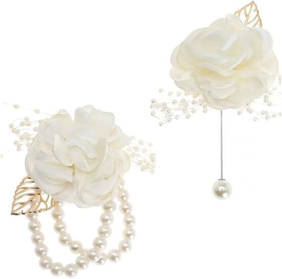 2PCS Wrist Corsages Set for Wedding Prom, Satin Rose Wrist Rose Corsage Bracelet, Bride Bridesmaid Wristlet with Pearl for Wedding Party Prom Decor Bride and Groom (White)