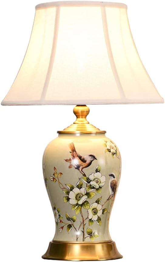 Ceramic Bedside Table Lamps Porcelain Desk Lamps Painted Flower and Bird Glazed Ceramic Table Lamp with Bell Fabric Shade, for Living Room, Bedroom