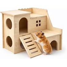 Tiny Hamster Maze Wood House Fun Slide House Double-Decker Hut for Dwarf Gerbil Mouse Mice Rat Small Animals(Only for Small Hamster)