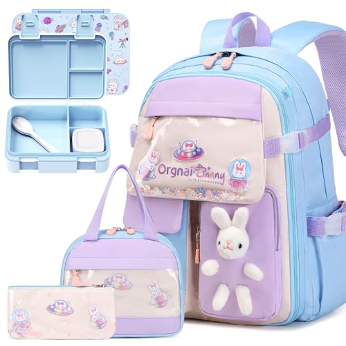 FIXITOK Girls Backpack with Bento Lunch Box Set, Kawaii Bunny School Backpack for Girls with Leak-proof Lunch Containers Lunch Bag Pencil Case for Kindergarten Elementary Preschool School Blue