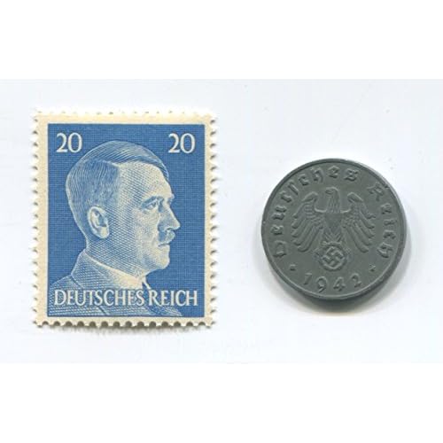Rare Nazi Swastika 1 Reichspfennig German Coin World War 2 WW2 with Blue Hitler Head Stamp MNH