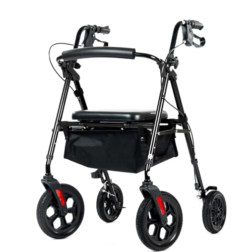 ELENKER All-Terrain Rollator Walker with 10 Wheels, Sponge Padded Seat and Backrest, Fully Adjustment Frame for Seniors, Black