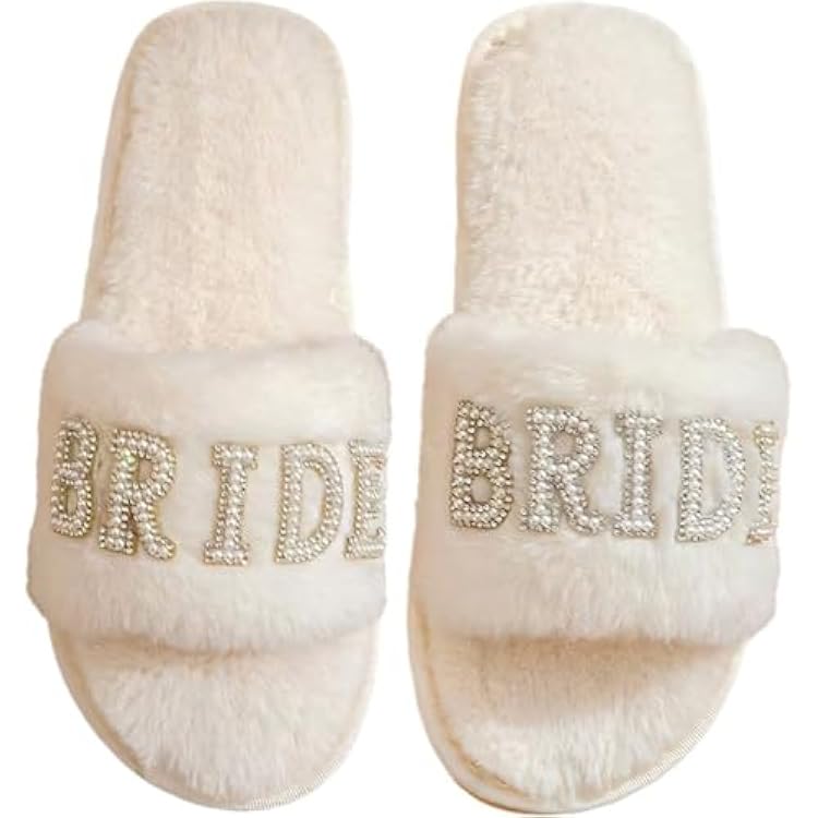 Bride Slippers, Womens Wedding Shoes for Bride, Plush Furry Warm Open Toe Cozy Fluffy Bridal Wedding Party Soft House Shoe for Bachelorette Party
