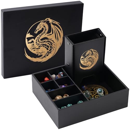 Soar Forge Dice Tray and Dice Tower for DND and RPG - All-in-One Game Roamer Tray & Large Tower for Random Rolls - Stores Your Sets, Minis and More Compatible with D&D Gift Accessories Gold Dragon