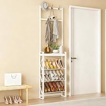 Narrow Shoe Rack with Coat Rack, 3 Tier Slanted Shoe Storage Organizer, Entryway Coat Rack, Hall Tree with Storage and Hooks, Metal Frame, Space-Saving(White,80x17x170cm)