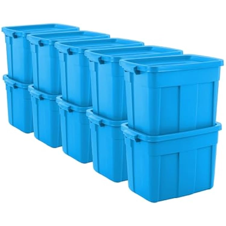 Rubbermaid Roughneck Tote 18 Gal, 10 Pack, Made in USA, Heritage Blue, Rugged Plastic Stackable Storage Bins with Lids and Handles
