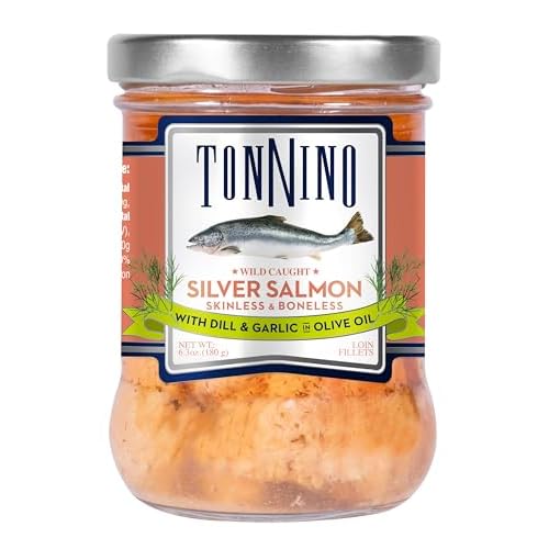 Tonnino Salmon Silver Fish Dill & Garlic in Olive Oil Pack of 6 Skinless & Boness - Protein Snacks Alternative to Tuna Ready to Eat Meals