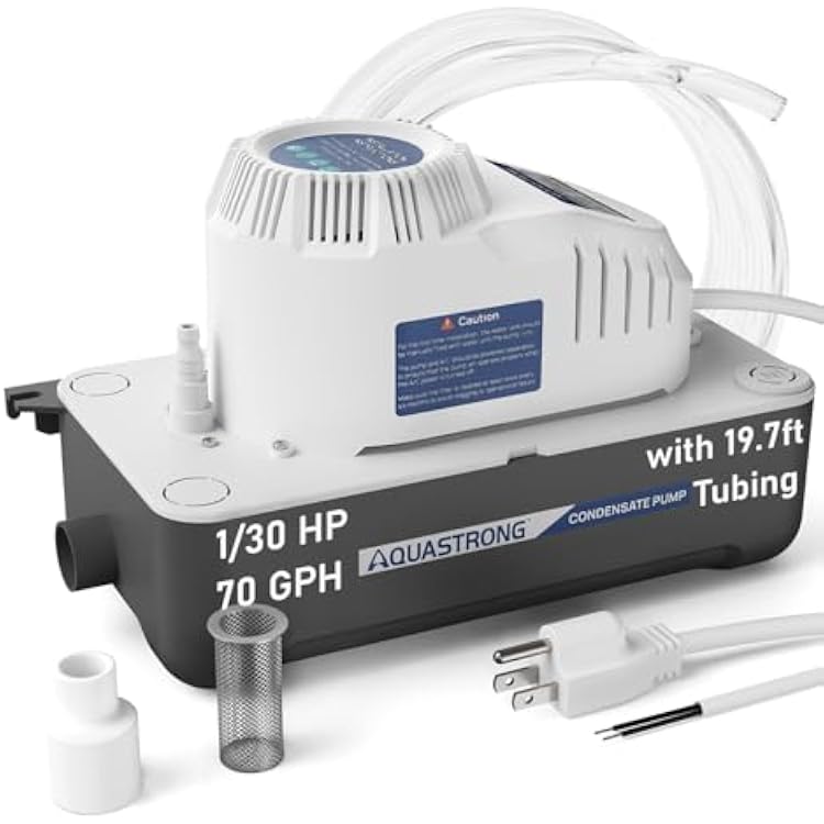 Aquastrong Automatic Condensate Pump for Hvac, 115V Condensation Pump with Safety Switch, Ac Condensate for dehumidifier, Air Conditioner, Ice Maker, 3.3 Power Cord, 70 GPH with 19.7ft Tubing