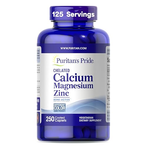 Puritans Pride Premium Chelated Calcium Magnesium Zinc with Bone-ActiveTM, Dietary Supplement for Bone Health and Immune Function Support, 250 Coated Caplets