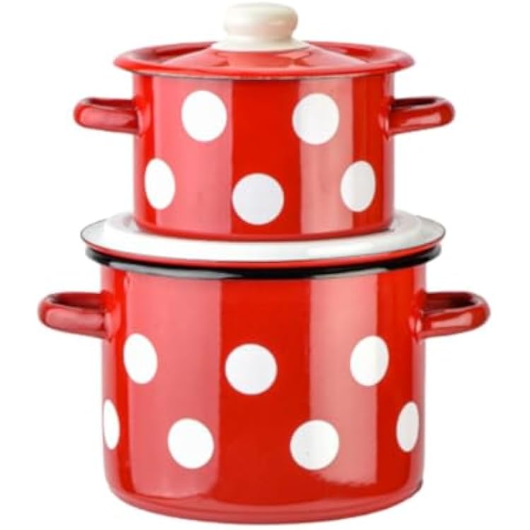 Enamel Pot with Enamel Lid, Enamel Cooking Pot, Soup Pot, Enameled Steel Stock Pot, Enamel Casserole set, Induction Safe, Dishwasher Safe Polka Dot