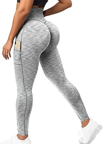 YOFIT Women High Waist Butt Lifting Workout Gym Leggings Side Pockets Anti Cellulite Tummy Control Yoga Pants #1 Heather Light Gray L