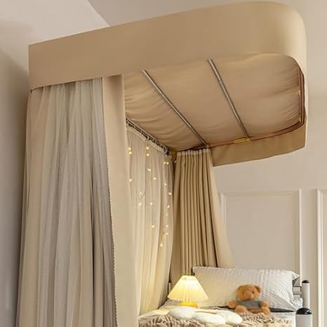 Dorm Bunk Bed Privacy Curtain Set with U-Shaped Sliding Rails & Canopy Frame, Blackout Tent for Student Dorms, Beige - Enhance Sleep & Style, H47.2