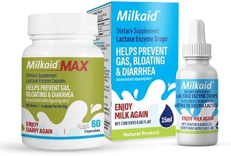 Milkaid Lactase Enzyme Drops for Lactose Intolerance & Max Lactase Enzyme Capsules | Fast Acting Dairy Digestive Supplement | Prevent Gas & Bloating | 0.50 FL.OZ. & 60 Capsules 9000 ALU