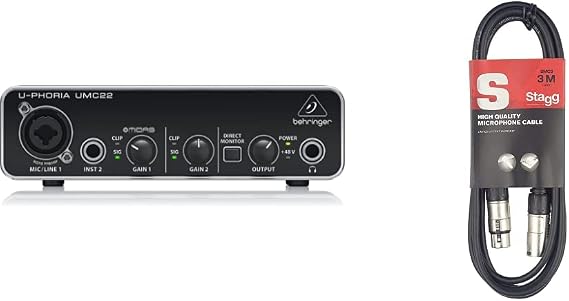 Behringer UMC22 audiophile 2x2 USB audio interface with Midas microphone preamp & Stagg SMC3 3m XLR to XLR Plug Microphone Cable, Black