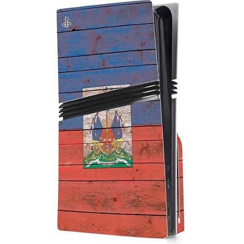 Skinit Decal Gaming Skin Compatible with PS5 Pro Disk Console - Haiti Flag Dark Wood Design