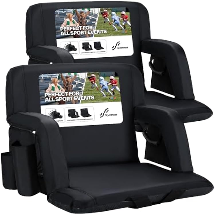 Sportneer Stadium Seats with Back Support: 2.5 Thick Comfy Cushion 6 Adjustable Angle Bleacher Seat with Armrest - 2 Large Pockets, 2 Cup Holders Stadium Chair for Sport Events Concerts Parks