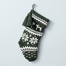 Hearth & Hand with Magnolia Reindeer & Snowflake Knit Tassels Stocking Dark Green/Cream
