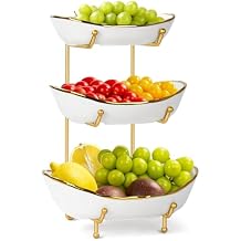3-Tier Ceramic Fruit Bowl, Modern Fruit Basket for Kitchen Countertop, Tiered Fruit Display Stand with Gold Metal Stand, Non-Slip & Chip-Resistant, Dishwasher Safe (Gold&White)