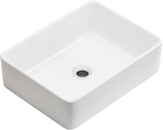 White Rectangular Ceramic Vessel Sink, 19" x 15" Modern Above Counter Bathroom Vanity Art Basi, Easy-Clean Porcelain Countertop Lavatory (Style 1)