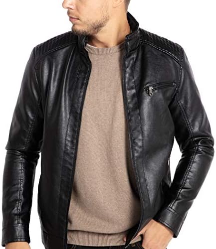 WULFUL Mens Stand Collar Leather Jacket Motorcycle Lightweight Faux Leather Outwear