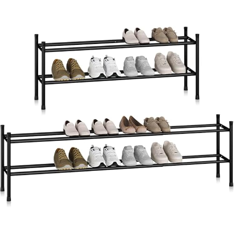 STORAGE MANIAC Long Expandable Shoe Rack, 12 Pairs Metal Wide Stackable Shoe Rack, Adjustable Shoes Shelf, Freestanding Shoes Organizer for Closet, Entryway, Hallway, Garage, Front Door, 2 Tiers
