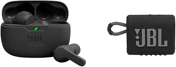 JBL Vibe Beam True Wireless Headphones - Black, Small & Go 3: Portable Speaker with Bluetooth, Built-in Battery, Waterproof and Dustproof Feature