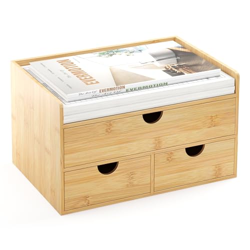 Desk Organizer with Drawers - Bamboo Desktop Organizer Storage | Wood Desk Drawers Organizer for Bills, Office Supplies, Cosmetics, Seals No Assembly Required
