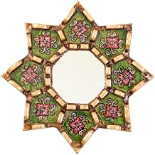 Green Round Wall Mirror Peruvian Handmade Reverse Painted Glass - Small Decorative Boho Mirror for Living Room - Artisan Peruvian Wall Decor