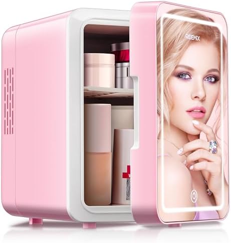 Reemix Skincare Fridge, 4L Makeup Mini Fridge With Dimmable LED Light Mirror for Bedroom, Car, Office & Dorm, Cooler & Warmer, Small Refrigerator for Cosmetics, Skin Care and Food Mirror, Pink