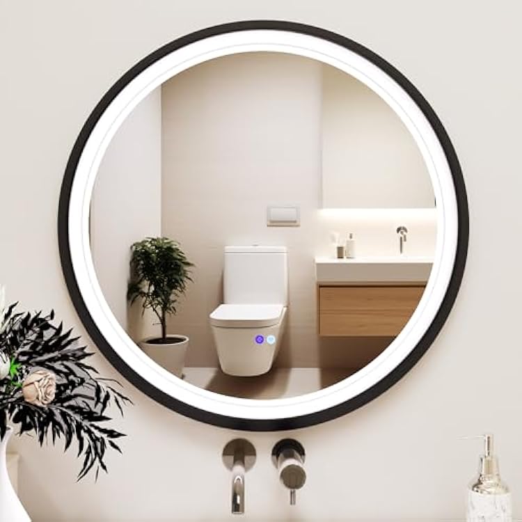 36 Inch Round LED Mirror for Bathroom, Black Metal Frame Lighted Vanity Mirror with 3 Color Modes, Touch Dimmer - Anti-Fog Wall Mounted Circle Mirror with Lights - Fab Glass and Mirror