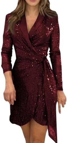 Formal Dresses for Women,2024 Summer Trendy Sparkly Sequin Party Dress,Elegant V Neck Long Sleeve Ruched Blazer Dress